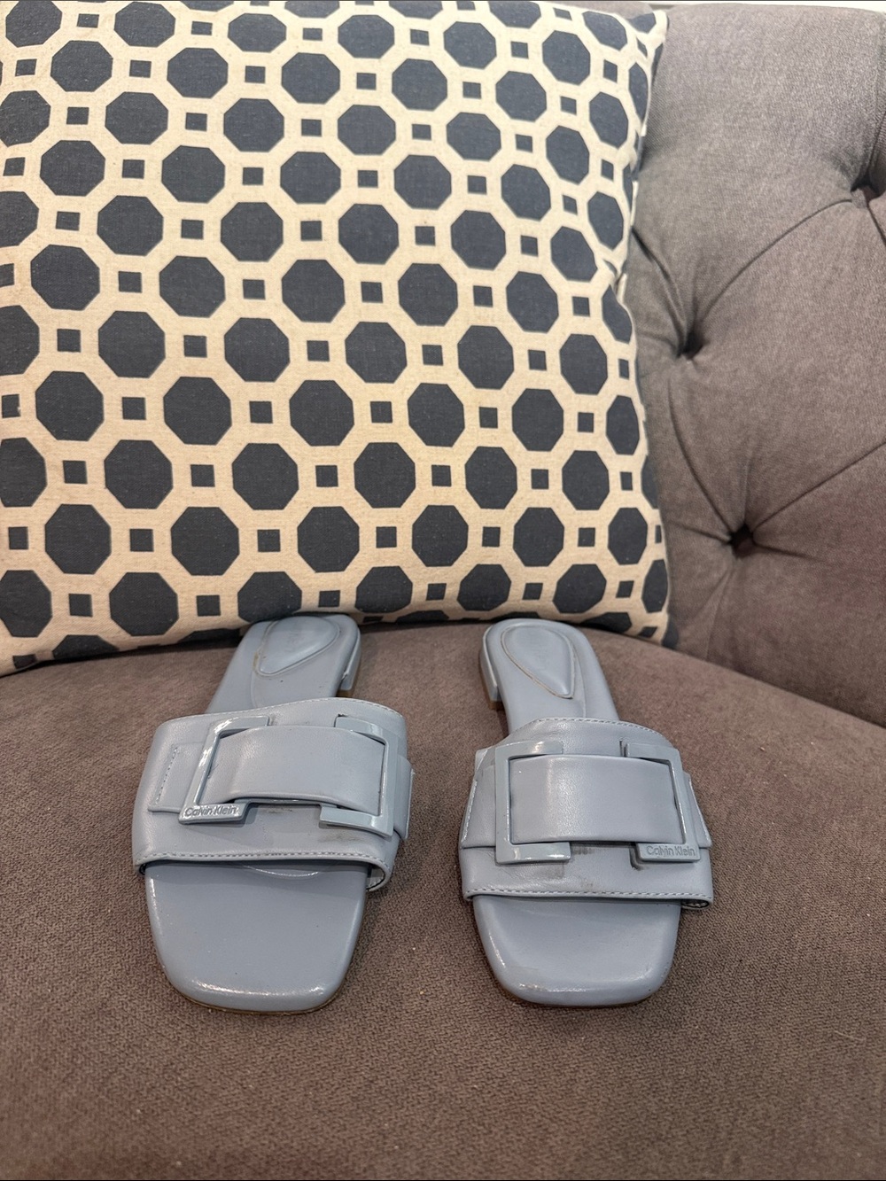 Calvin Klein Light Blue Patent Buckle Slide Mules